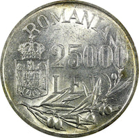 ROMANIA Mihai I Silver 1946 25000 Lei 32mm 1 Year Type XF+ KM# 70 (24 294)
