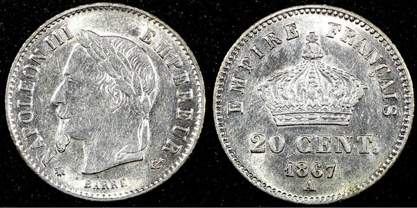 FRANCE Napoleon III Silver 1867 A  20 Centimes Mintage-352 ,510 KM# 808.1  (066)