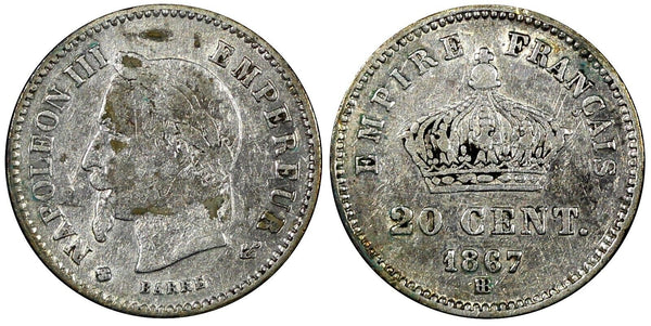 FRANCE Napoleon III Silver 1867 BB 20 Centimes KM# 808.2 (25 052)