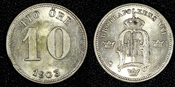 SWEDEN Oscar II Silver 1903 10 Öre Rim Nick UNC KM# 755 (27 256)