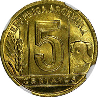 ARGENTINA Aluminum-Bronze 1944 5 Centavos NGC MS65 TOP GRADED KM# 40 (029)