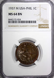 Philippines U.S. Administration Bronze 1937 M 1 Centavo NGC MS64 BN KM#179 (024)