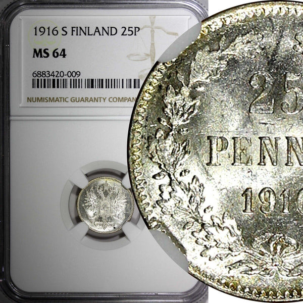 Finland Nicholas II Silver 1916 S 25 Pennia NGC MS64 GEM BU KM #6.2 (009)