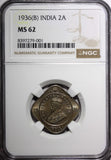 India-British George V 1936 (B) 2 Annas NGC MS62 Bombay Mint KM# 516 (001)