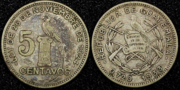Guatemala Silver 1933 5 Centavos  Royal Mint BETTER DATE KM# 238.2  (24 457)
