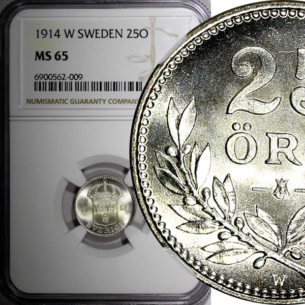 SWEDEN Gustaf V Silver 1914 W 25 Ore NGC MS65 GEM BU  KM# 785 (009)