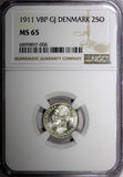 DENMARK Frederik VIII Silver 1911 VBP GJ 25 Ore NGC MS65 2 Year Type KM# 808 (6)