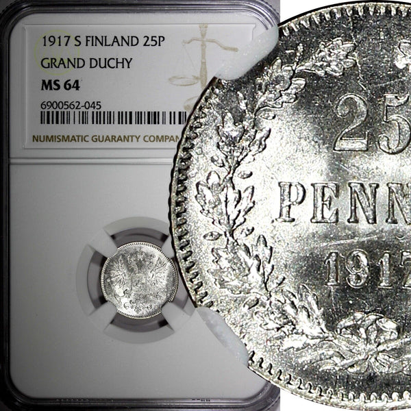 Finland Nicholas II 1917 S 25 Pennia NGC MS64 Grand Duchy KM# 6.2 (045)