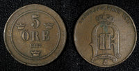 SWEDEN  Oscar II Bronze 1882 5 Öre Small Letters KM# 736 (27 685)