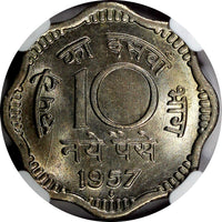 India-Republic Copper-Nickel 1957 (B) 10 Naye Paise NGC MS64 KM# 24.1  (025)