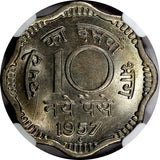 India-Republic Copper-Nickel 1957 (B) 10 Naye Paise NGC MS64 KM# 24.1  (025)