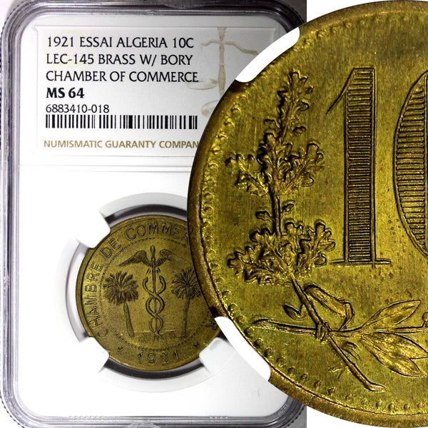 ALGERIA Pattern Essai Brass 1921 10 Centimes Double Date NGC MS64 RARE KM# TnA8