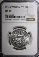 Czechoslovakia Silver 1931 10 Korun 30 mm NGC MS60  KM# 15 (022)