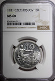 Czechoslovakia Silver 1931 10 Korun 30 mm NGC MS60  KM# 15 (022)