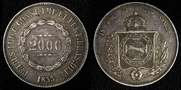 BRAZIL Pedro II Silver 1855 2000 Reis Mintage-300.000 37mm KM# 466 (27 413)