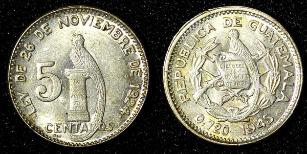 Guatemala Silver 1945 5 Centavos Guatemala City Mint KM# 238.1 (28 164)