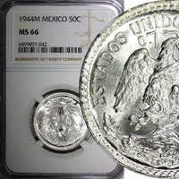 Mexico ESTADOS UNIDOS Silver 1944 M 50 Centavos NGC MS66 GEM GEM BU KM# 447 (42)