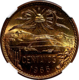 Mexico Bronze 1966 Mo  20 Centavos NGC MS66 RB TOP GRADED GEM BU KM# 440 (014)