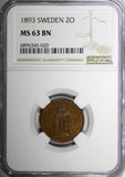 SWEDEN Oscar II Bronze 1893 2 Öre Mintage-557,554 NGC MS64 BN KM# 746 (020)