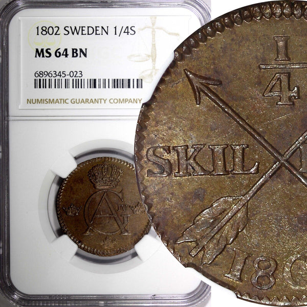 SWEDEN Gustav IV Adolf 1802 1/4 Skilling NGC MS64 BN TOP GRADED  KM# 564 (023)