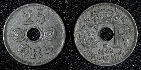 Denmark Christian X German Occupation Zinc 1945 25 Ore WWII Issue KM# 823.2a (3)