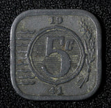 Netherlands Wilhelmina I Zinc 1941 5 Cents WWII Issue KM# 172  (27 954)