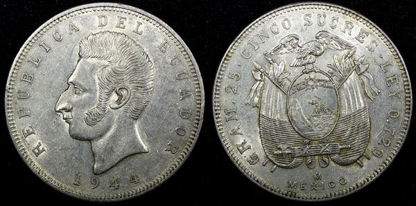 Ecuador Silver 1944 Mo 5 Sucres Mexico Mint 37.8 mm; 25g. WWII KM# 79 (26 640)