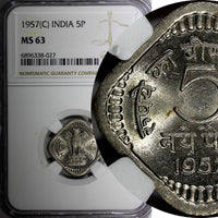 India-Republic Copper-Nickel 1957 (C) 5 Naye Paise 1st Year NGC MS63 KM# 16 (27)