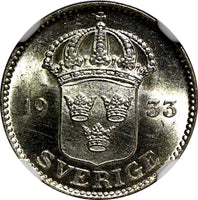 Sweden Gustaf V Silver 1933 G 25 Öre BETTER DATE NGC MS64 BU COIN KM# 785 (004)