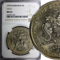 BARBADOS 1970 4 Dollars NGC MS65 1 Year Type  FAO 38.5mm Mintage-30.000 KM#A9