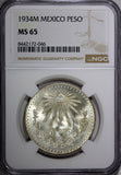 Mexico ESTADOS UNIDOS MEXICANOS Silver 1934 M Peso NGC MS65 GEM BU KM# 455 (046)