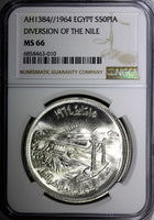 EGYPT Silver AH1384 (1964) 50 Piastres NGC MS66 Diversion of the Nile KM# 407(0)