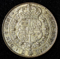 SWEDEN Oscar II Silver 1907 EB 2 Kronor Golden Wedding Anniv. KM#776 (144)
