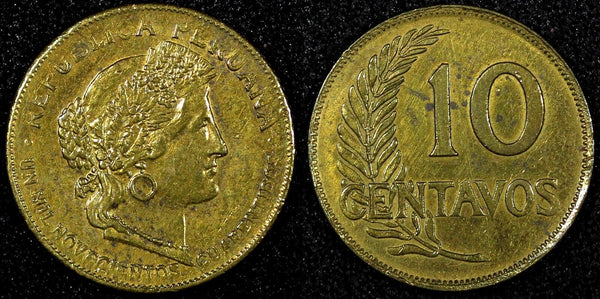 PERU Brass 1942  10 Centavos WWII ISSUE Lima mint KM# 214a.3 (25 033)