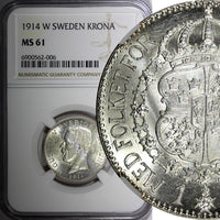 SWEDEN Gustaf V Silver 1914 W  Krona NGC MS61 Mintage-622 217 KM# 786.1 (006)