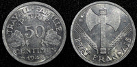 France Aluminum 1944 B 50 Centimes WWII Issue Beaumont Mint KM# 914.2 (24 974)