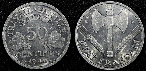 France Aluminum 1944 B 50 Centimes WWII Issue Beaumont Mint KM# 914.2 (24 974)