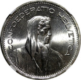 Switzerland Silver 1965 B 5 Francs NGC MS64 	31.45 mm GEM BU KM# 40 (4)