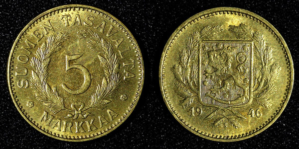 Finland Brass 1946 S 5 Markkaa 1st YEAR TYPE UNC KM# 31a (27 643)