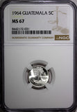 GUATEMALA Silver 1964 5 Centavos KEY DATE NGC MS67 GEM BU LUSTER KM# 261 (031)