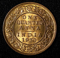 India-British George V  1930 (C) 1/4 Anna Calcutta BU RED TONED KM# 512 (27 733)