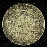 India-British George VI Silver 1945 1/4 Rupee Nice Toned KM# 547 (27 306)