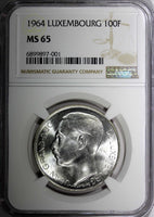 Luxembourg Jean Silver 1964 100 Francs Mintage-50,000 NGC MS65 KM# 54 (001)