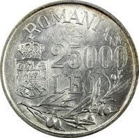ROMANIA Mihai I Silver 1946 25000 Lei 32mm 1 Year Type XF+ KM# 70 (24 293)