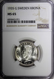 SWEDEN Gustaf V Silver 1935 1 Krona NGC MS65 GEM BU  KM# 786.2 (021)