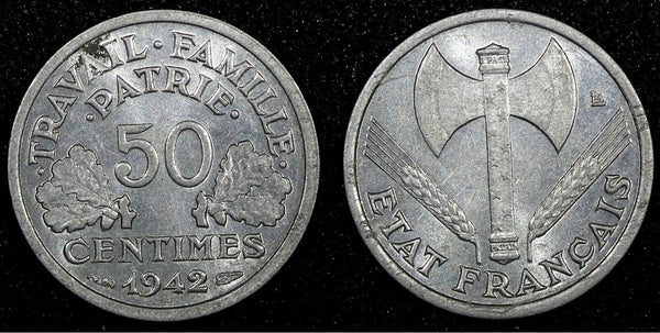 France Aluminum 1942  50 Centimes WWII Issue KM# 914.1 (24 975)