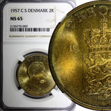 DENMARK Frederik IX Aluminum-Bronze 1957 C S 2 Kroner NGC MS65 Rainbow KM# 838.2