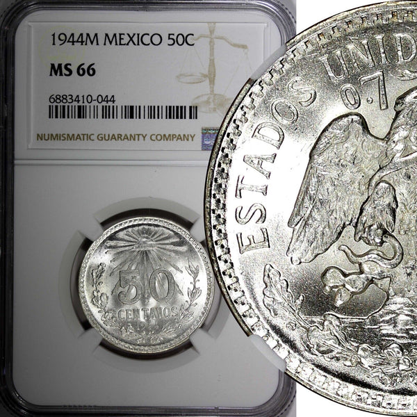 Mexico ESTADOS UNIDOS Silver 1944 M 50 Centavos NGC MS66 GEM BU KM# 447 (044)