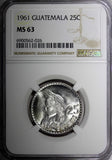 GUATEMALA Silver 1961 25 Centavos NGC MS63 GEM BU KM# 263 (026)