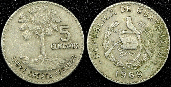 GUATEMALA Copper-Nickel 1969  5 Centavos Large date KM# 266.1 (24 572)